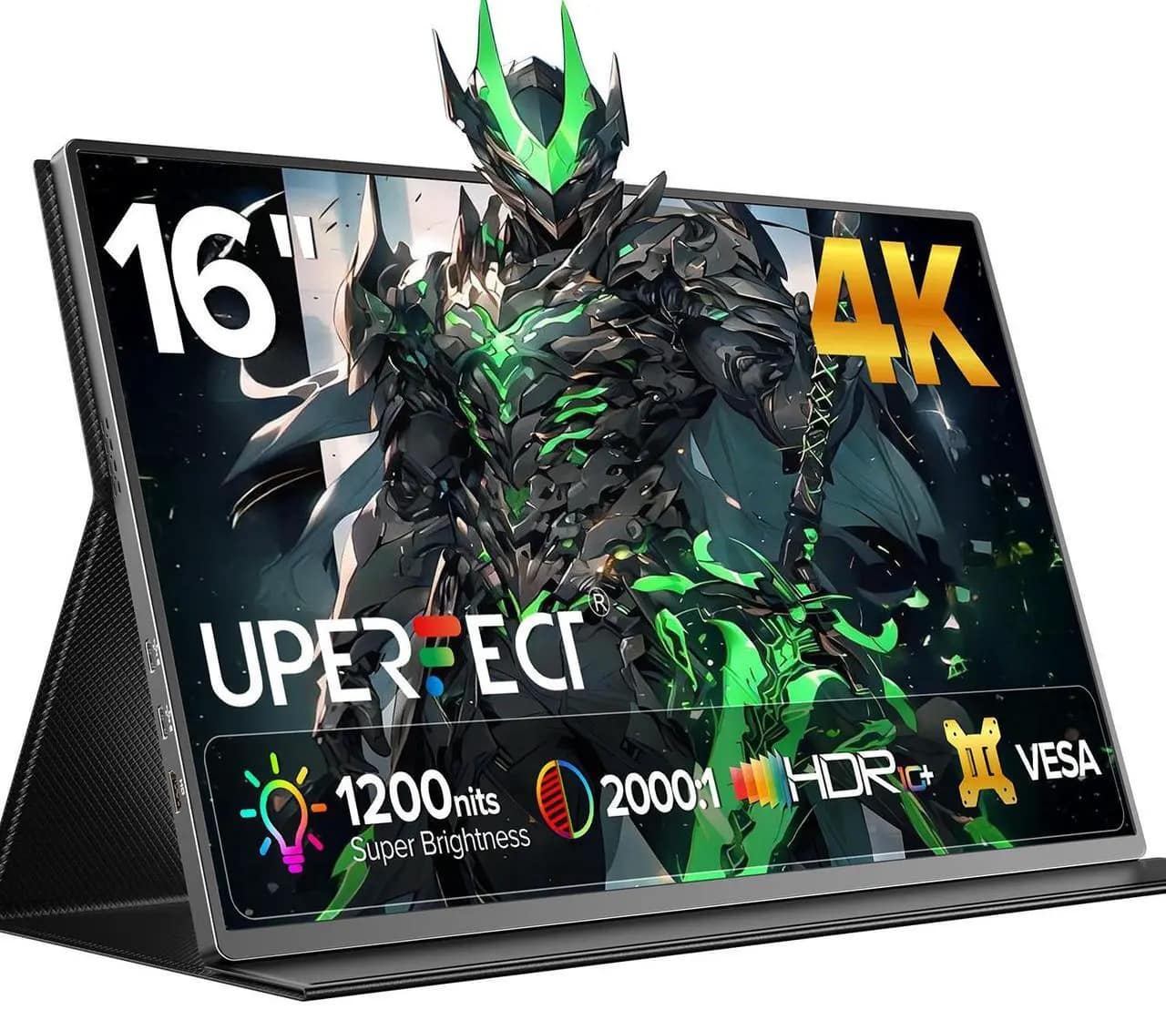 UPERFECT - 16" 4K Portable Monitor 1200 Nits True Brightness, 1MS FreeSync, USB-C/HDMI, VESA & Smart Case for Laptops - Black