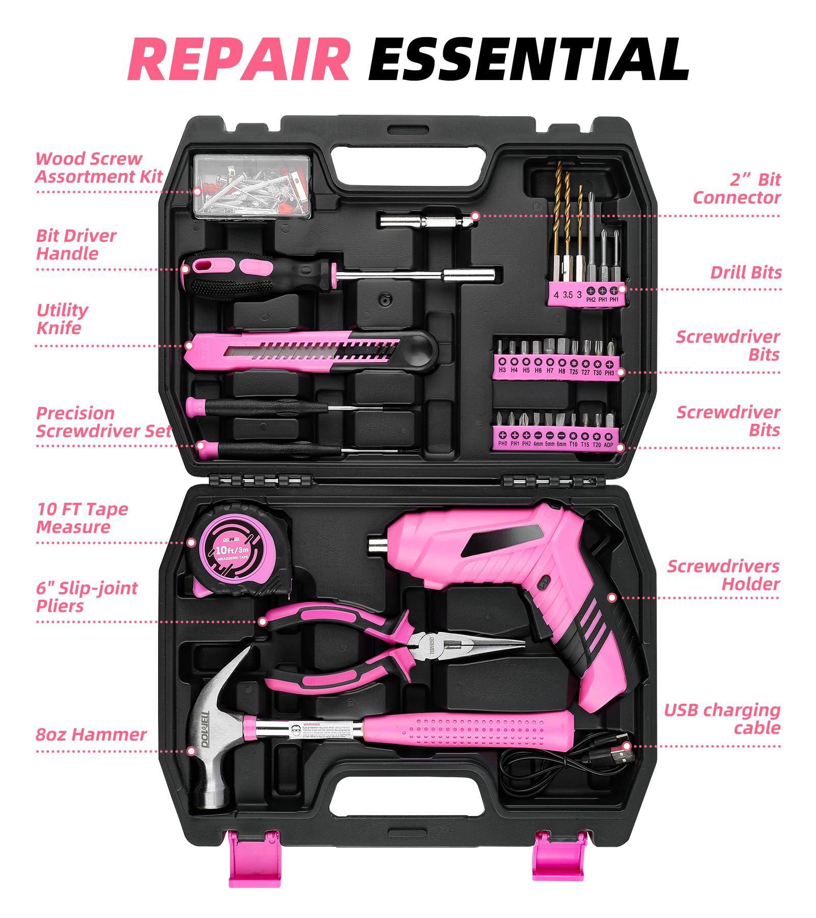 REPAIR ESSENTIAL

- Wood Screw Assortment Kit
- Bit Driver Handle
- Utility Knife
- Precision Screwdriver Set
- 10 FT Tape Measure
- 6" Slip-joint Pliers
- 8oz Hammer
- 2" Bit Connector
- Drill Bits
- Screwdriver Bits
- Screwdriver Bits
- Screwdrivers Holder
- USB charging cable