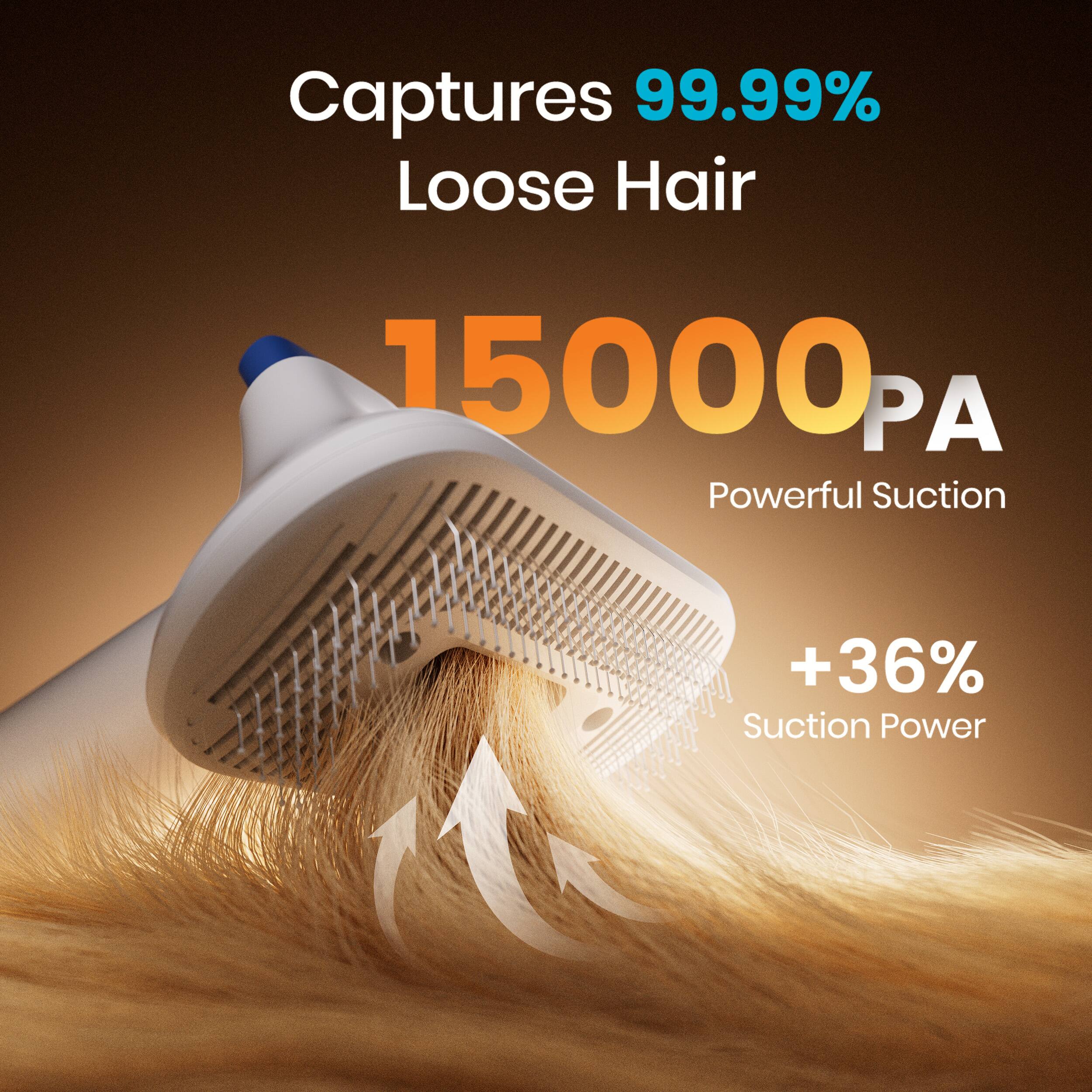 Captures 99.99% Loose Hair  
15000PA  
Powerful Suction +36% Suction Power