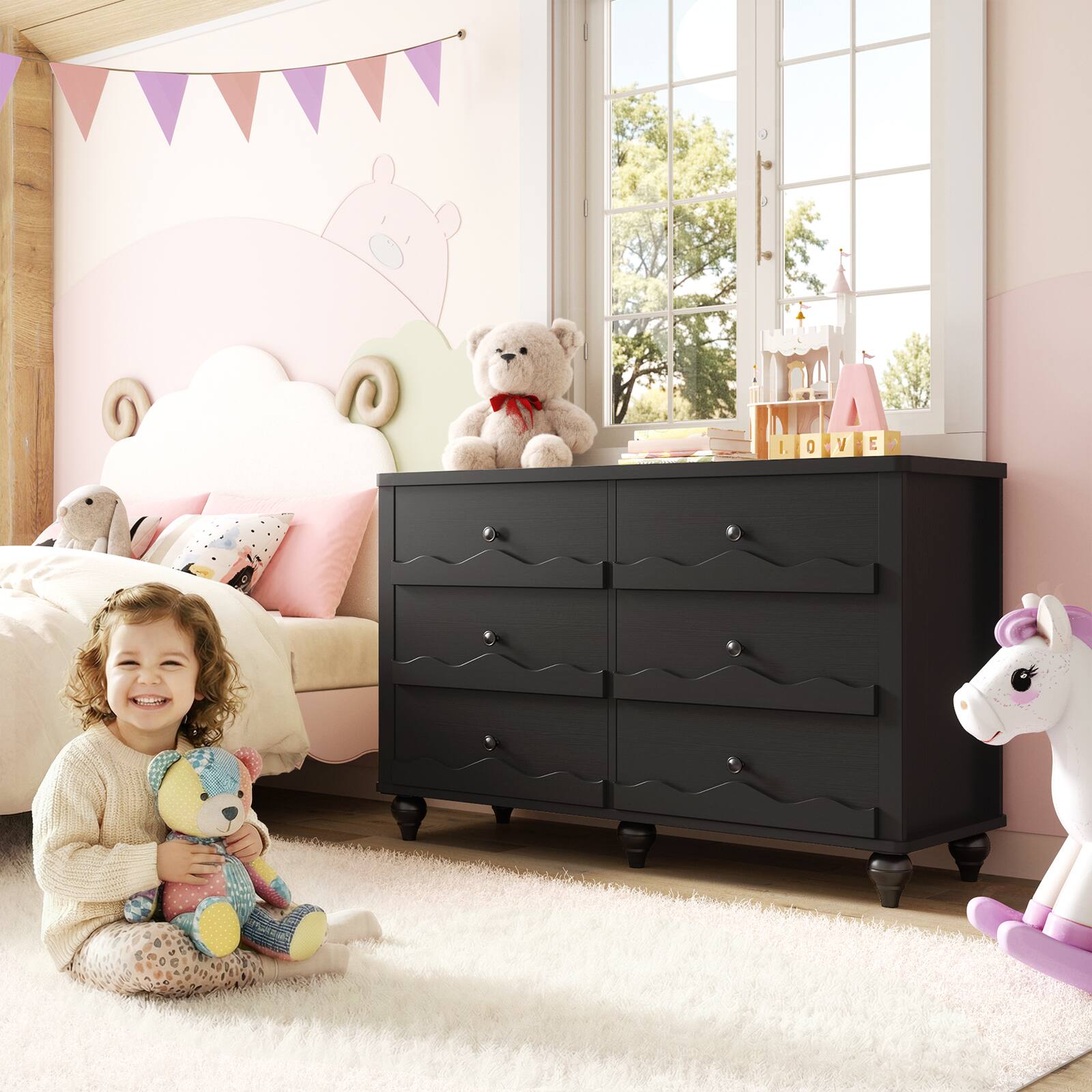 Back. Aheaplus - 43-inch Modern 6-Drawer Dresser with Scalloped Front for Bedroom & Living Room Storage - Black.