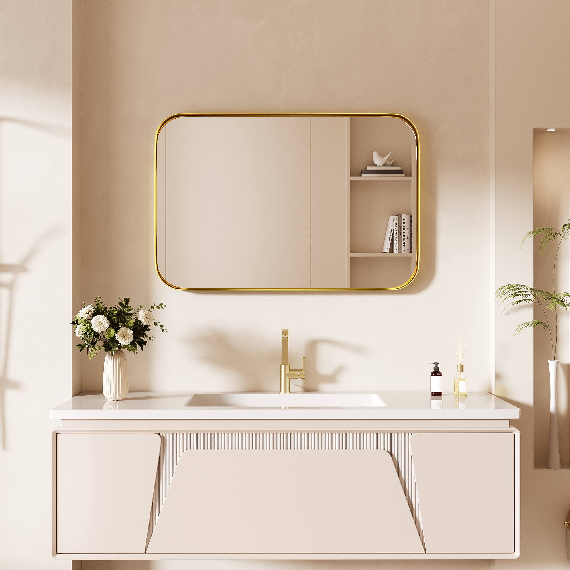Alt View 12. LOVMOR - Tempered Glass Rounded Rectangle Framed Wall-Mounted Bathroom Vanity Mirror - 20" x 30" - Gold.