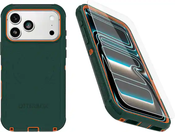 Front. OtterBox - OtterBox iPhone 17 Pro Max (Only) - Bundle: Defender Series Case & Screen Protector - Rugged - Snaps on MagSafe - Green Intrigue.