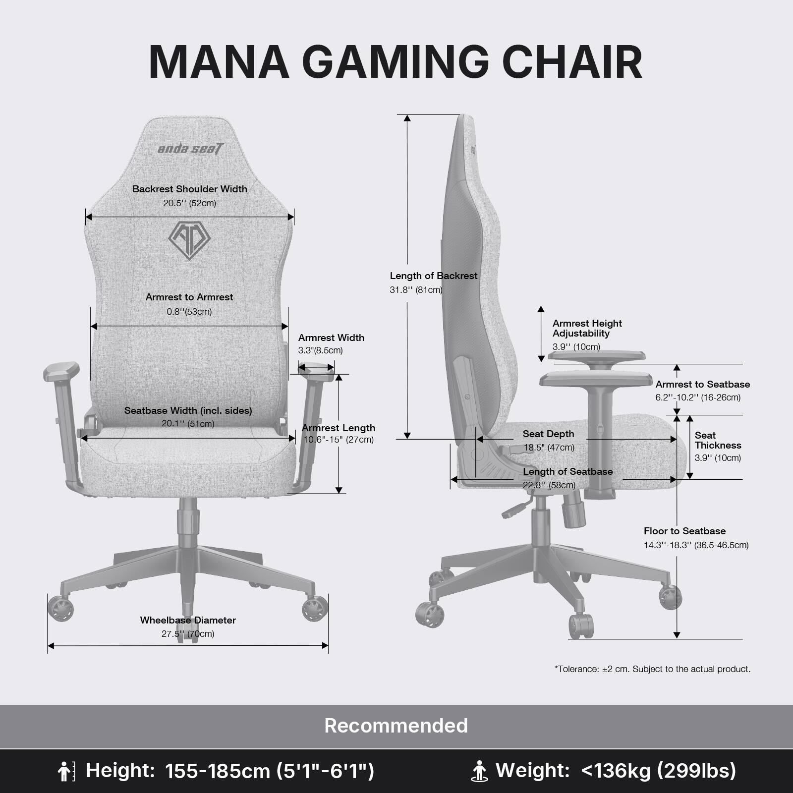 MANA GAMING CHAIR

Backrest Shoulder Width: 20.5" (52cm)
Armrest to Armrest: 0.8" (2cm)
Armrest Width: 3.3" (8.5cm)
Length of Backrest: 31.5" (81cm)
Armrest Height Adjustability: 3.9" (10cm)
Seatbase Width (incl. sides): 20.1" (51cm)
Armrest Length: 10.6-15" (27cm)
Seat Depth: 18.6" (47cm)
Length of Seatbase: 22.8" (58cm)
Armrest to Seatbase: 6.2-10.2" (16-26cm)
Seat Thickness: 3.9" (10cm)
Floor to Seatbase: 14.3"-18.3" (36.5-46.5cm)
Wheelbase Diameter: 27.5" (70cm)

Recommended
Height: 155-185cm (5'1"-6'1")
Weight:
