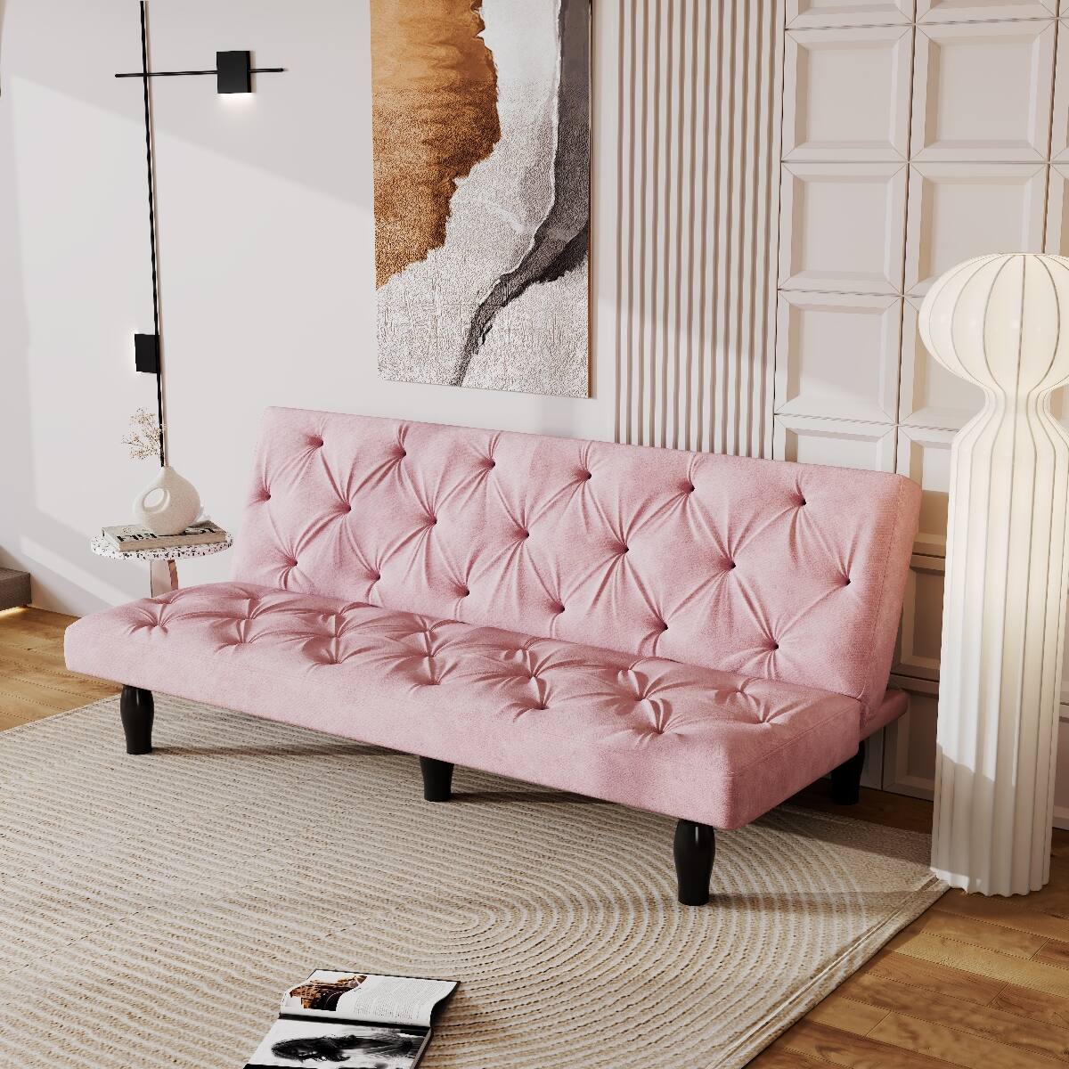 Front. Ropilly - Ropilly 66 Inch Pink Velvet Sofa Bed Convertible Futon Sofa Bed with Adjustable Backrest - Pink.