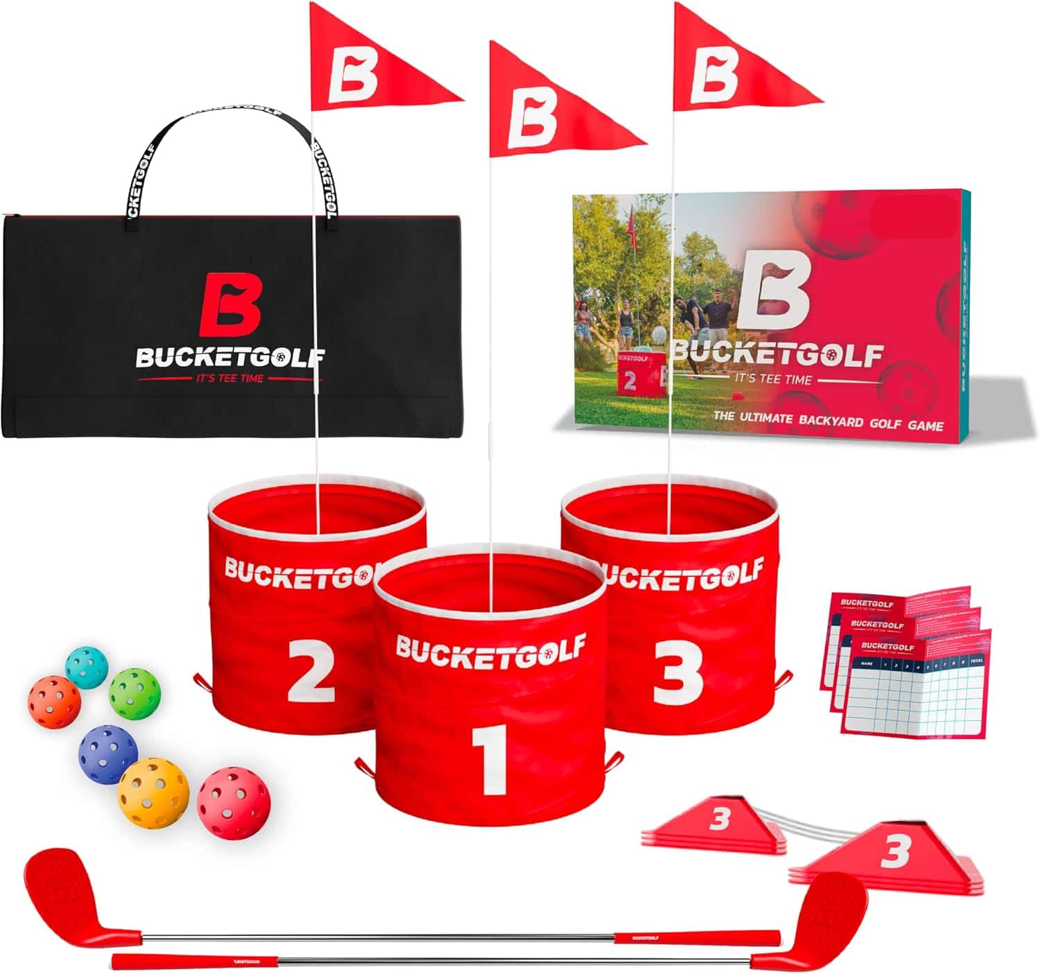 BUCKETGOLF - 3 Hole Travel Set | Ultimate Backyard Golf Game with 1 Right + 1 Left-Handed Clubs | Portable with Custom Course Design - Red