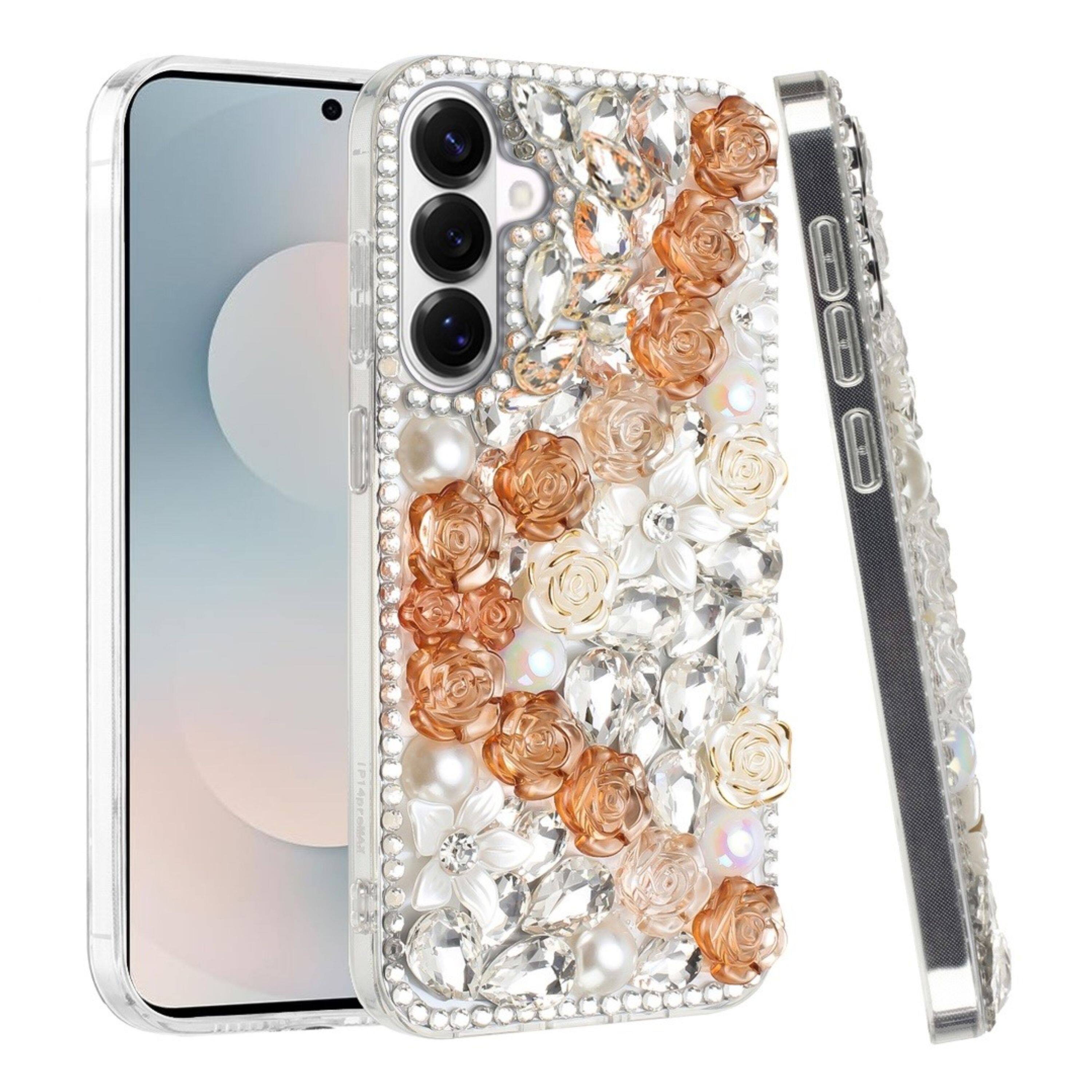 Angle. Kitcheniva - Full Rhinestone 3D Rose Bling Design Phone Case With Tempered Glass For Samsung Galaxy S26 Gold - Gold.