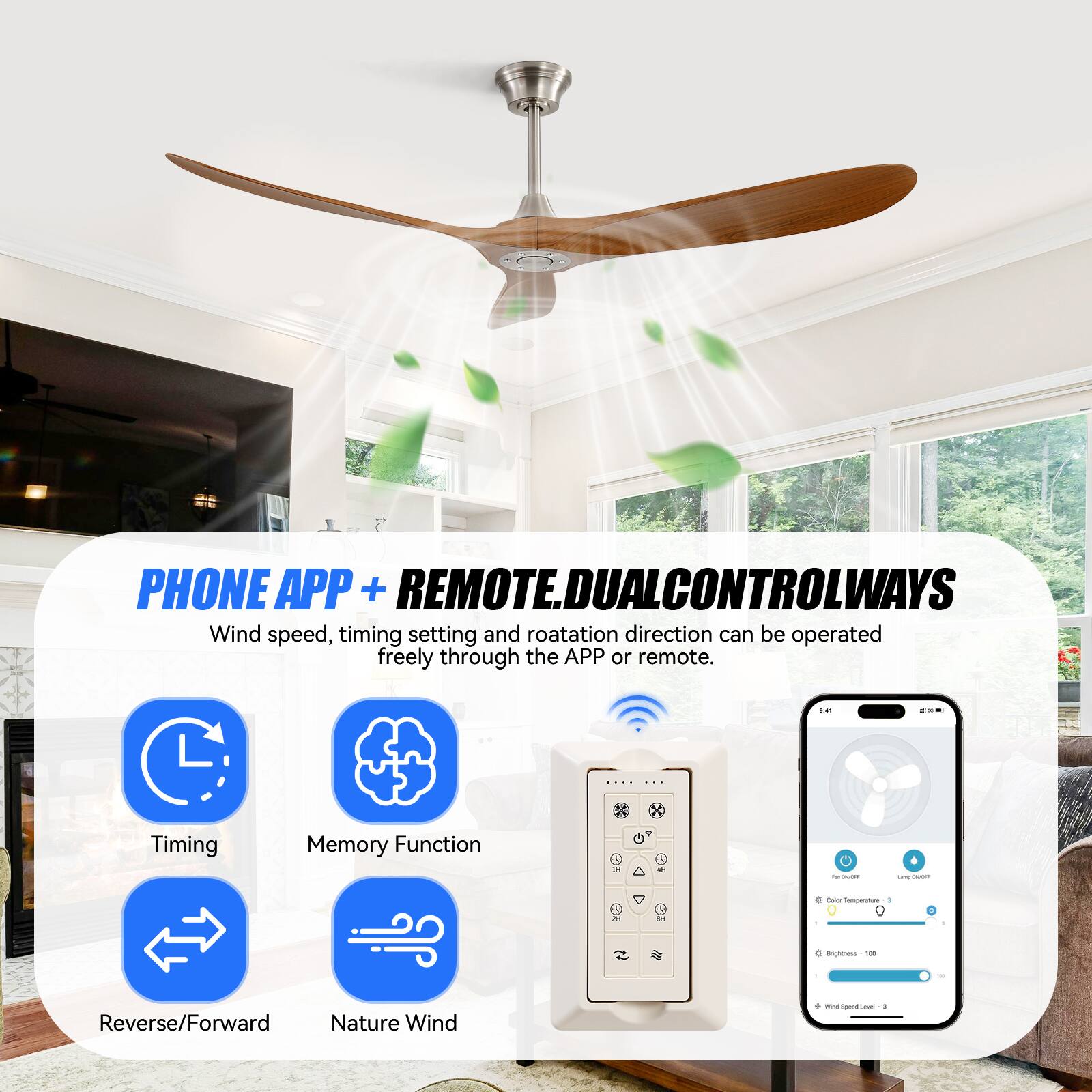 PHONE APP + REMOTE.DUAL CONTROL WAYS  
Wind speed, timing setting and rotation direction can be operated freely through the APP or remote.  

Timing  
Memory Function  
Reverse/Forward  
Nature Wind  

E.DUAL CONTROL WAYS  
Wind speed, timing setting and rotation direction can be operated freely through the APP or remote.