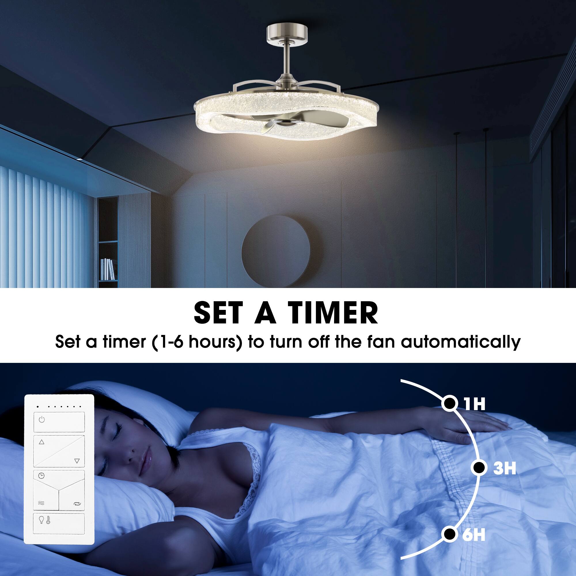 SET A TIMER  
Set a timer (1-6 hours) to turn off the fan automatically  

1H  
3H  
6H