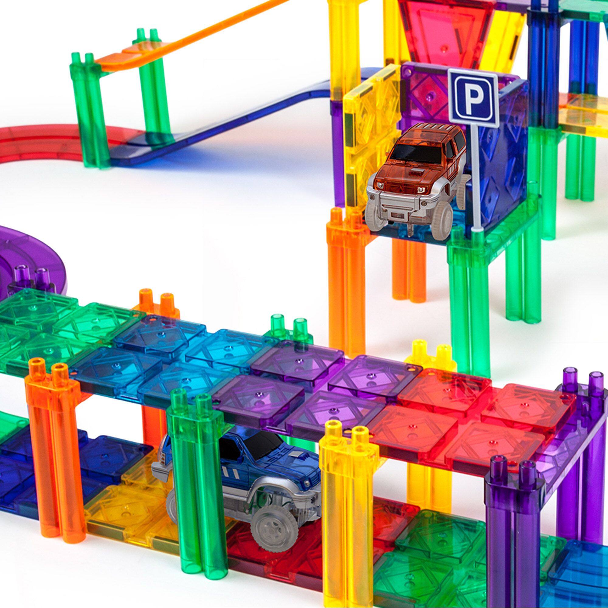 Alt View 5. PicassoTiles - PICASSO-TILES Racing Cars for Magnetic Tiles, 2PCS Cars for Race Track, Construction STEM Building Blocks Toy - Multicolor.