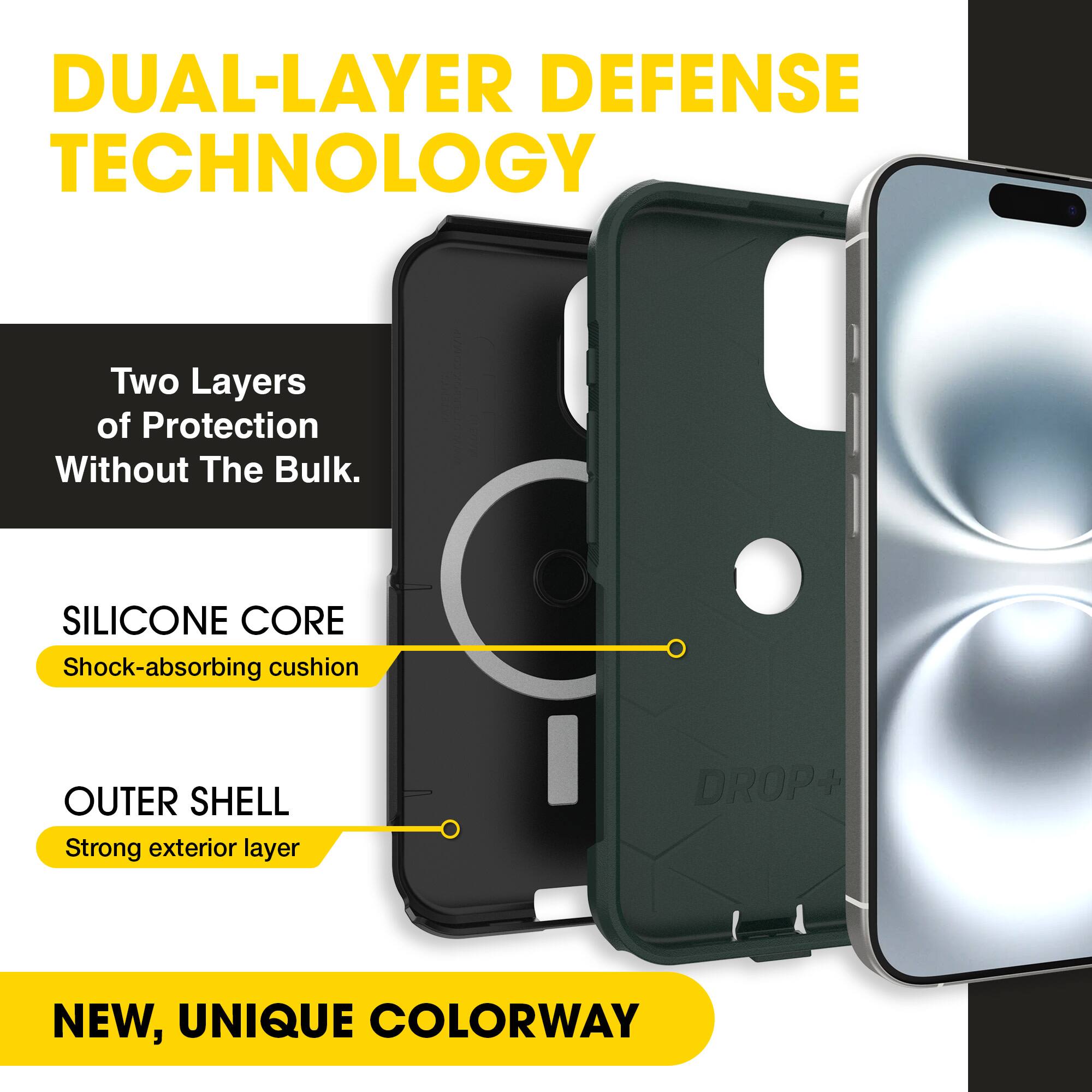 DUAL-LAYER DEFENSE TECHNOLOGY  
Two Layers of Protection Without The Bulk.  

SILICONE CORE  
Shock-absorbing cushion  

OUTER SHELL  
Strong exterior layer  

NEW, UNIQUE COLORWAY