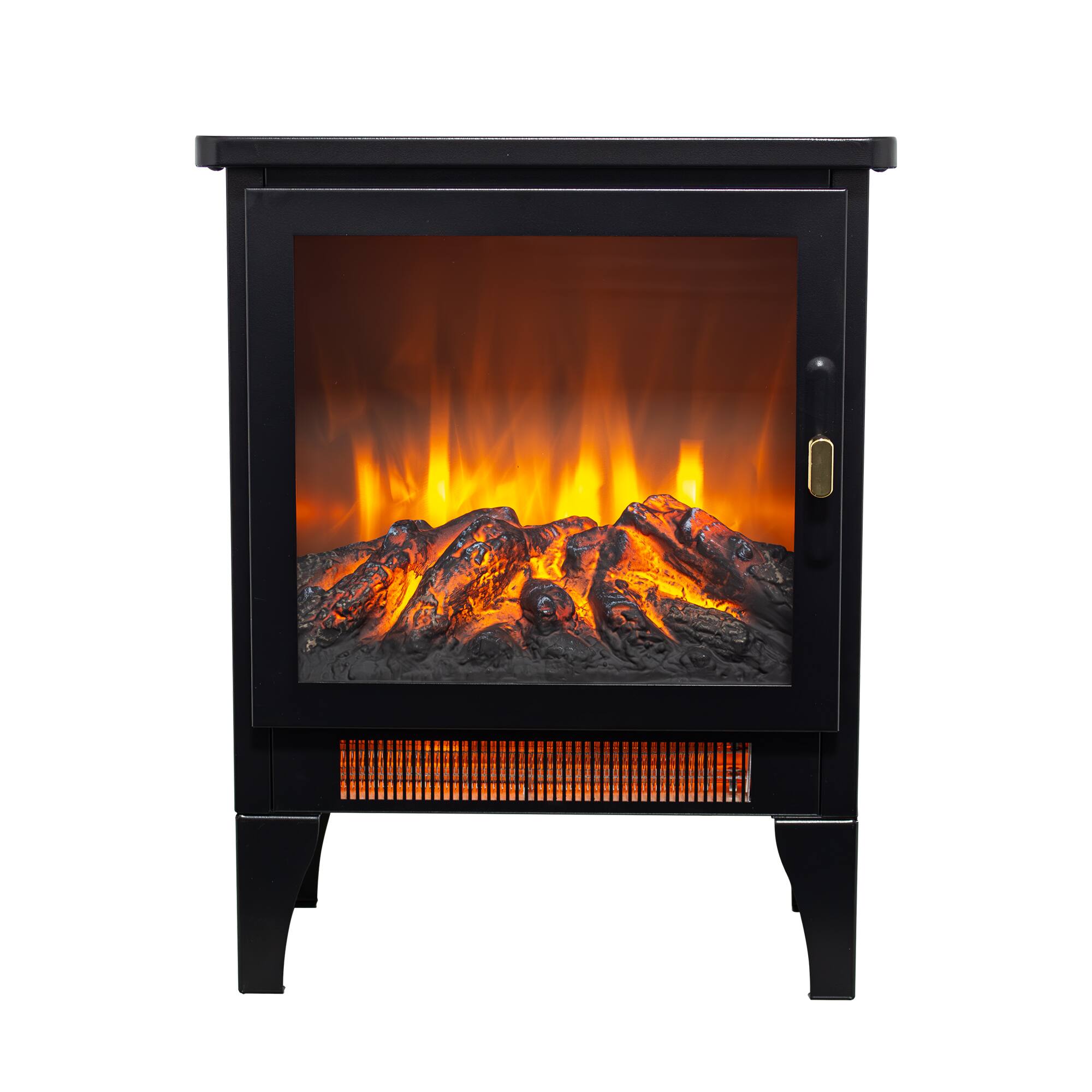 Angle. GOODSILO - Freestanding Electric Fireplace Stove Heater with 3D Flame Effect & Three-Sided View - Antique Black.