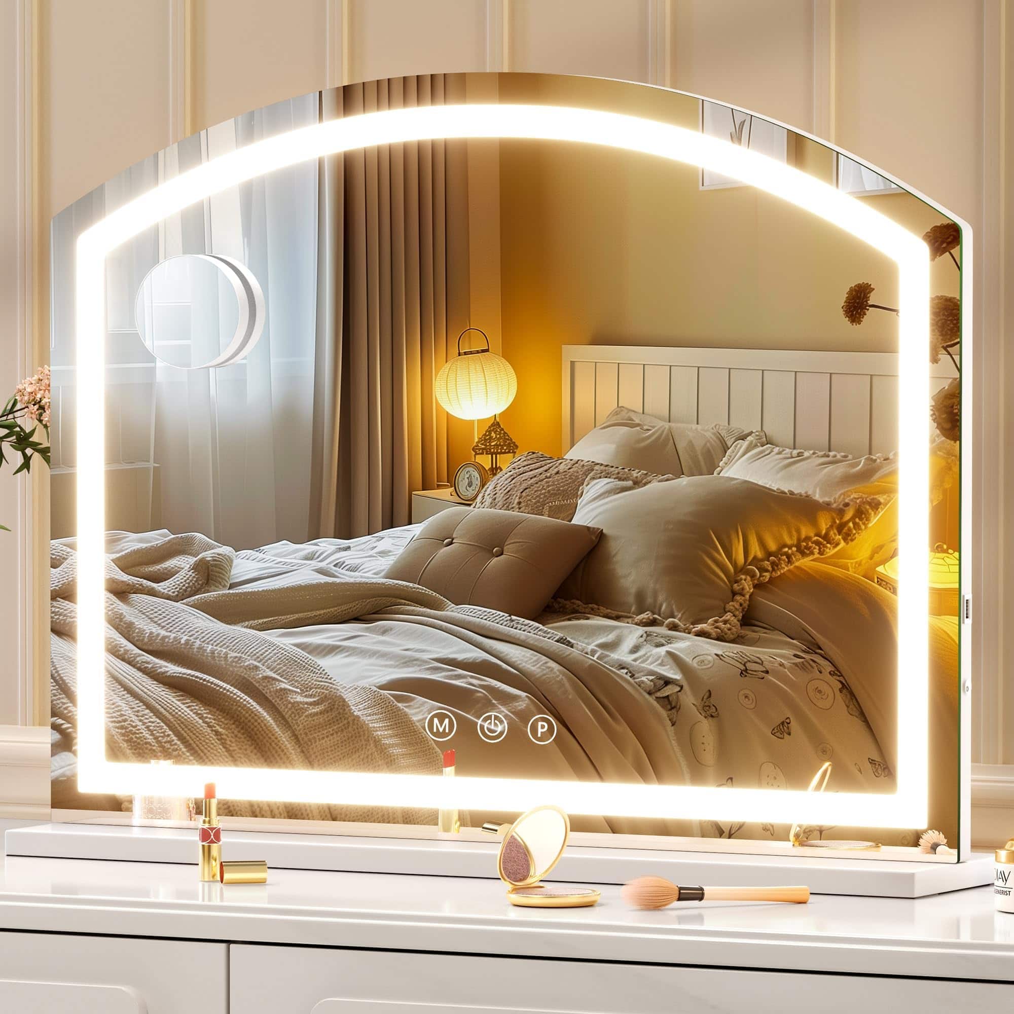 Pacoar Cade - Arch Vanity Mirror With Light Arched Magnification Desk Port Colors Mode Inch Light Mirror Glass - White-48"L x 32"W
