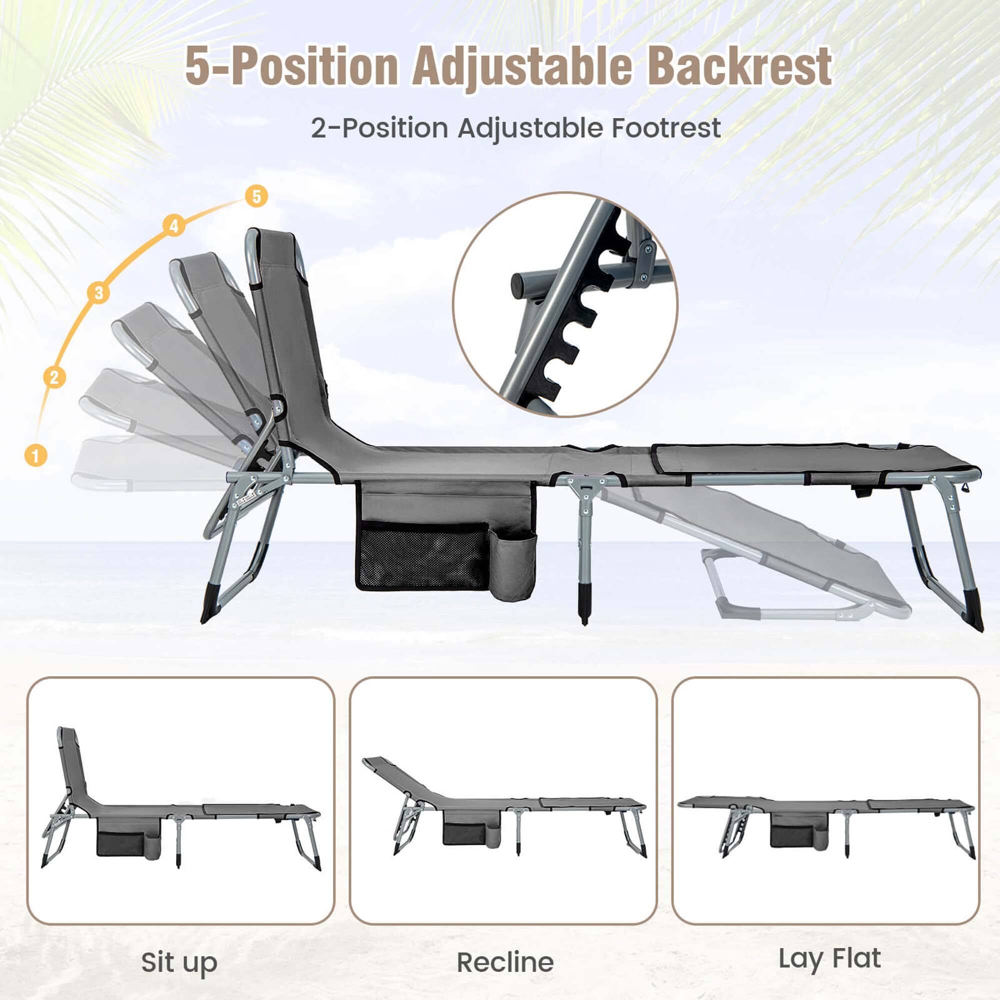 5-Position Adjustable Backrest  
2-Position Adjustable Footrest  

1. Sit up  
2. Recline  
3. Lay Flat