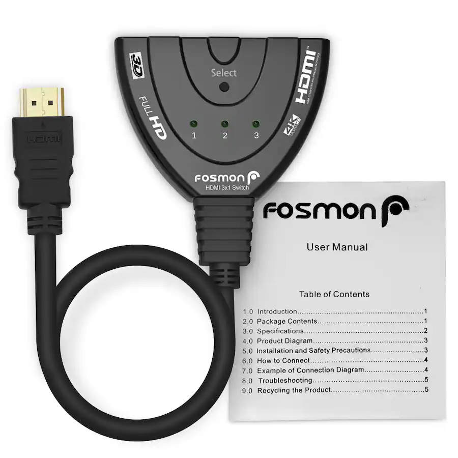 Fosmon 3 Port 4K HDMI Switch 3 in 1 Out, HDMI 2.0 Switch, Auto ...