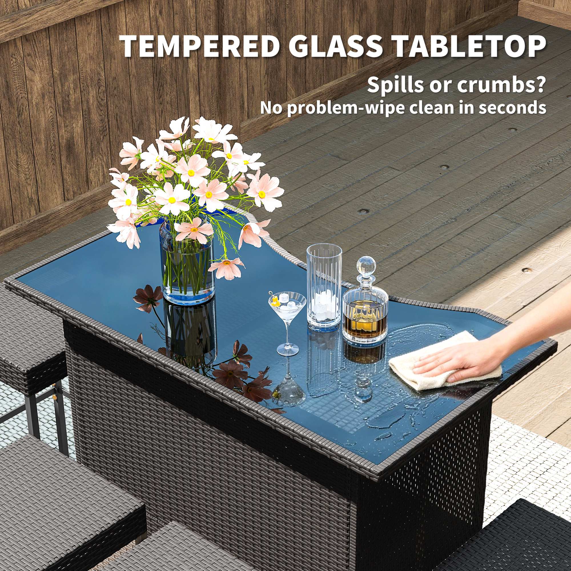 TEMPERED GLASS TABLETOP  
Spills or crumbs? No problem—wipe clean in seconds