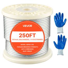 VEVOR - 1/4 Inch Wire Rope, 250 ft Length, Zinc Galvanized Carbon Steel Cable with Gloves, 7000 lbs Breaking Strength - Silver