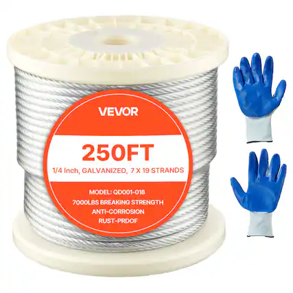VEVOR 250FT 1/4 Inch, GALVANIZED, 7 X 19 STRANDS MODEL: QD001-018 7000LBS BREAKING STRENGTH ANTI-CORROSION RUST-PROOF