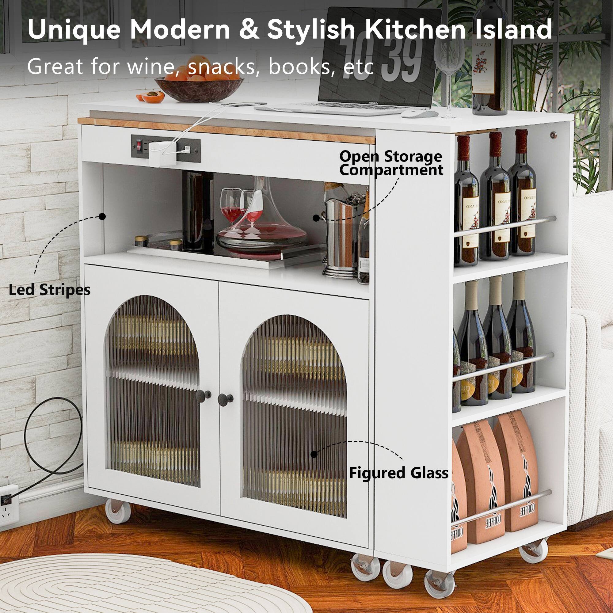 Unique Modern & Stylish Kitchen Island  
Great for wine, snacks, books, etc  

39 Open Storage Compartments  

Led Stripes  

Figured Glass