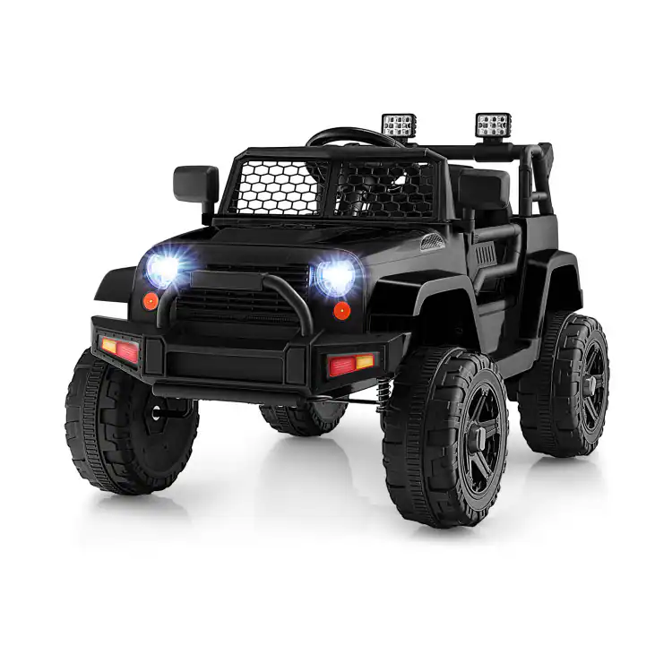 Front. SlickBlue - 12V Kids Ride-On Truck with Remote Control and Working Headlights - Black.