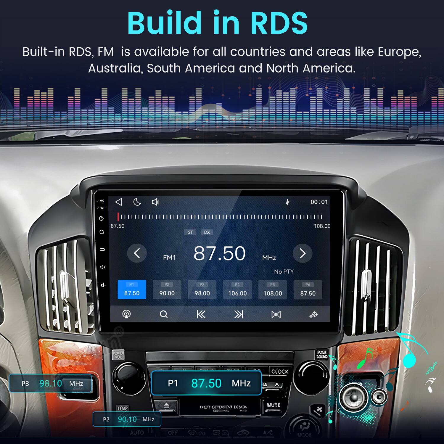 Build in RDS  
Built-in RDS, FM is available for all countries and areas like Europe, Australia, South America and North America.  

00:01  
87.50  
ST  
DX  
108.00  
U  
FM1 87.50 MHz No PTY  
P1  
P2  
P3  
F4  
PS  
P6  
87.50  
90.00  
98.00  
106.00  
108.00  
87.50  
KILL VOL  
SOUID  
P3  
98.10 MHz  
P1  
87.50 MHz  
CLOCK 35  
P2  
TOUR 90.10 MHz  
COMPIN CCOON HOUER  
Mall CONCENTED  
%  
AUTO  
OFF  
QUAT  
u  
ucce