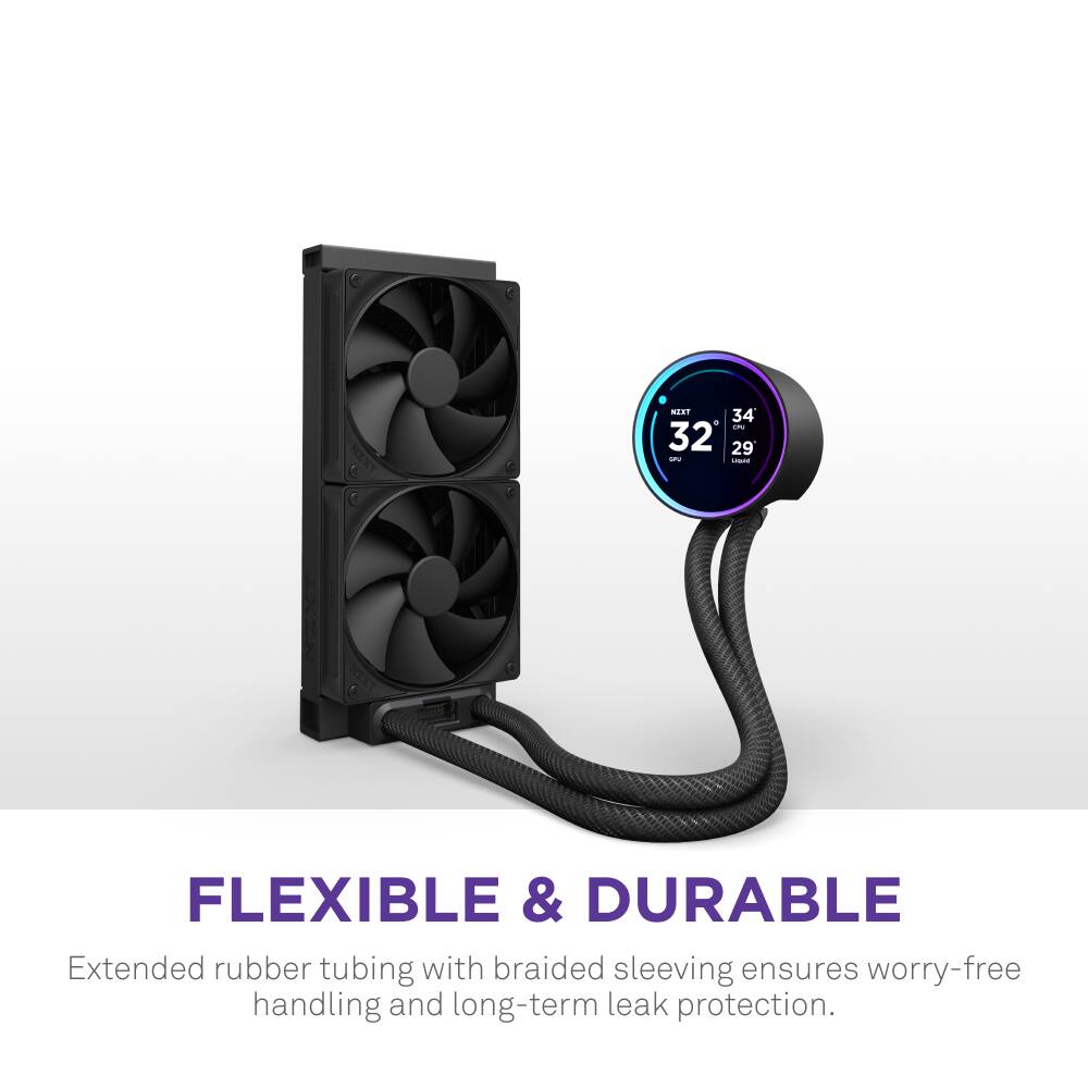 The text on the image is already grouped and correctly written. It reads: "FLEXIBLE & DURABLE Extended rubber tubing with braided sleeving ensures worry-free handling and long-term leak protection."