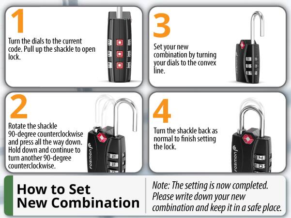 1. Turn the dials to the current code. Pull up the shackle to open lock.
2. Rotate the shackle 90-degree counterclockwise and press all the way down. Hold down and continue to turn another 90-degree counterclockwise.
3. Set your new combination by turning your dials to the convex line.
4. Turn the shackle back as normal to finish setting the lock.

Note: The setting is now completed. Please write down your new combination and keep it in a safe place.