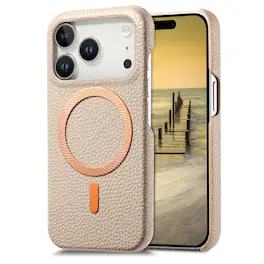 Dteck - Lychee Texture Case for Apple iPhone 17 Pro Max, Premium PU Leather Magnetic Shockproof Hard PC Cover with Raised Edges - Khaki