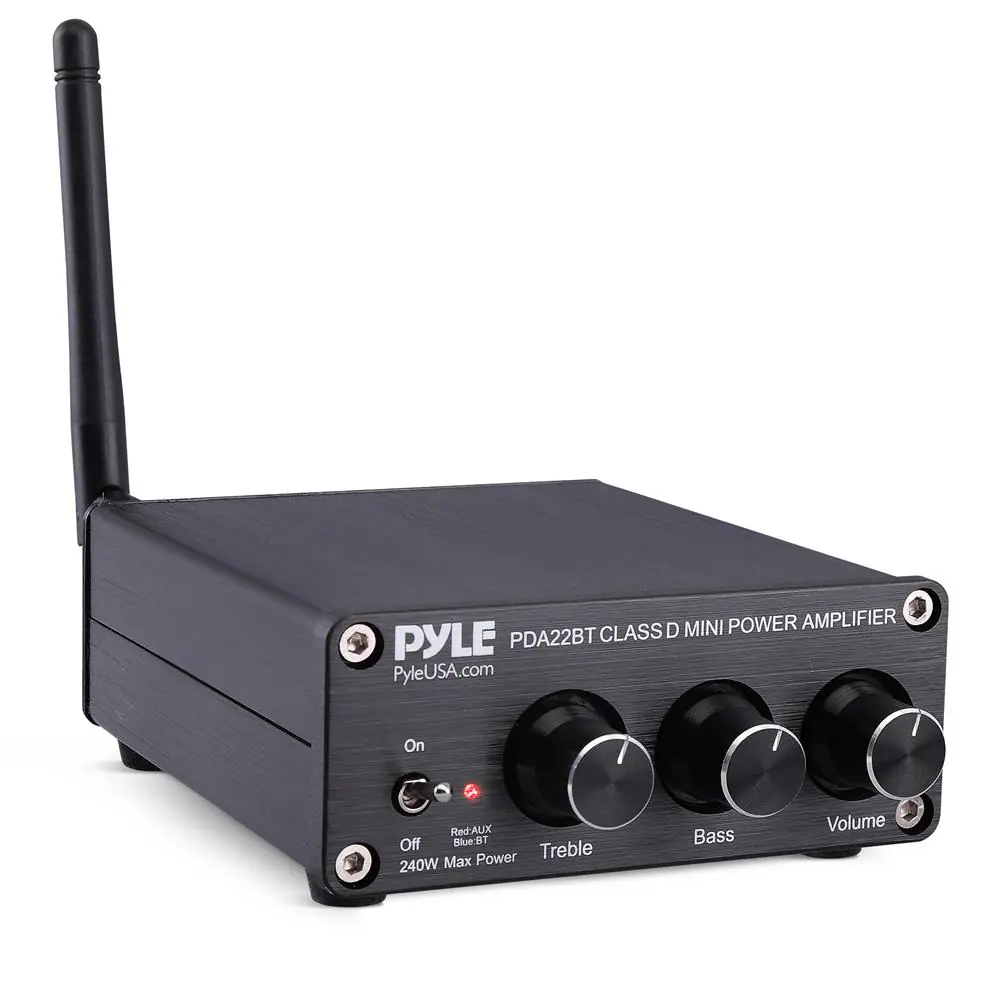 PYLE
PyleUSA.com
PDA22BT CLASS D MINI POWER AMPLIFIER
On
Off
AUX
BT
240W Max Power
Treble
Bass
Volume
Red: AUX
Blue: BT