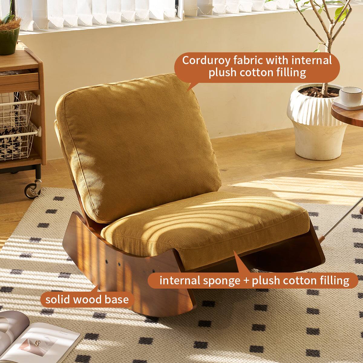 Corduroy fabric with internal plush cotton filling  
solid wood base  
internal sponge + plush cotton filling