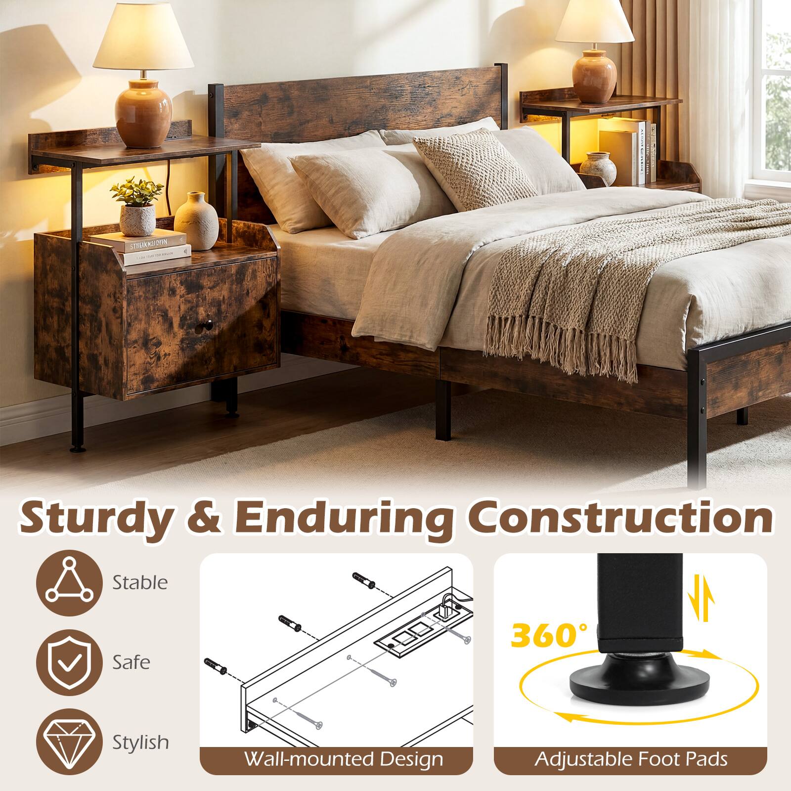 Sturdy & Enduring Construction  
Stable Safe 360 Stylish Wall-mounted Design Adjustable Foot Pads