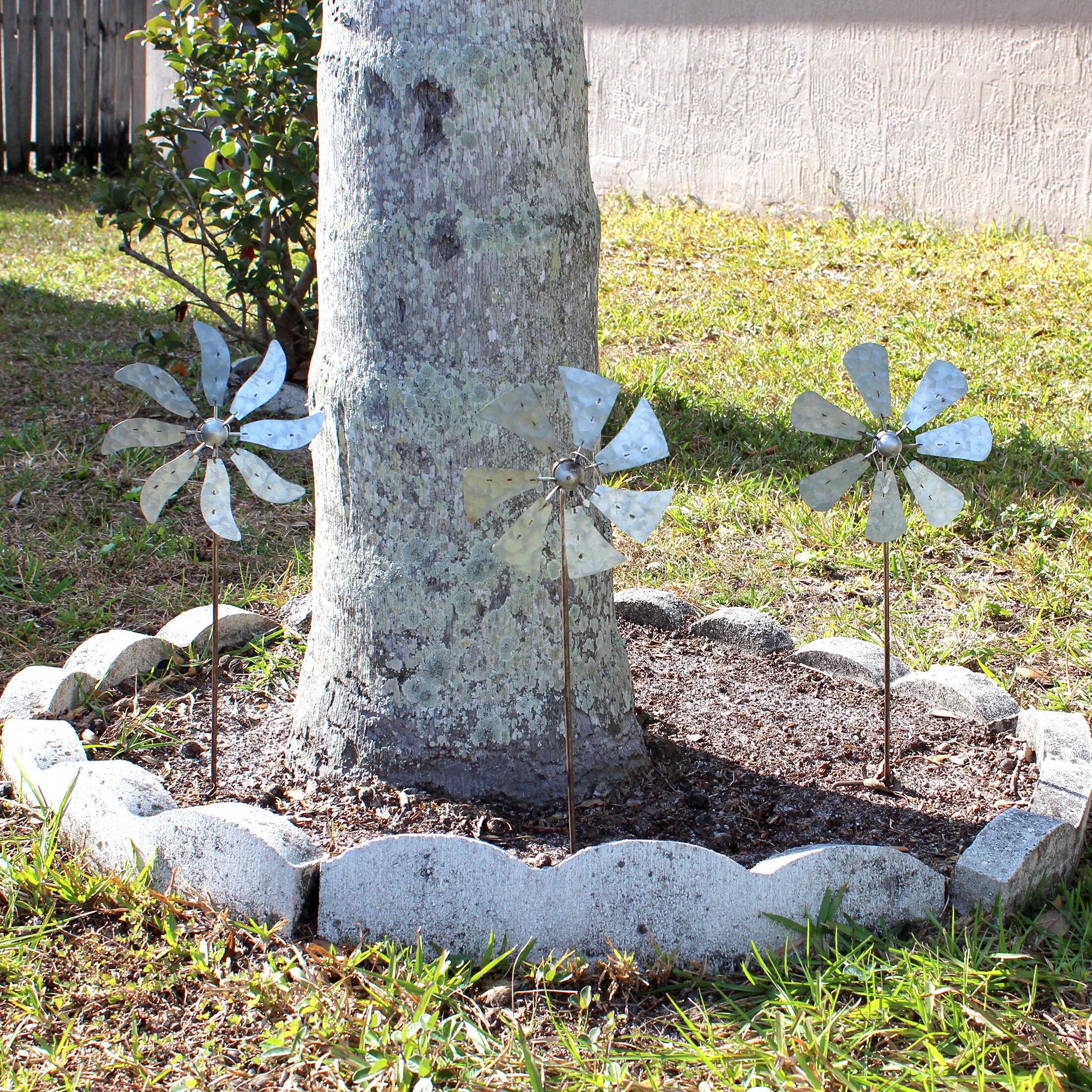 Alt View 3. Zeckos - Set of 3 Metal Kinetic Wind Spinner Pinwheel Garden Stakes 21 Inches High - Grey.