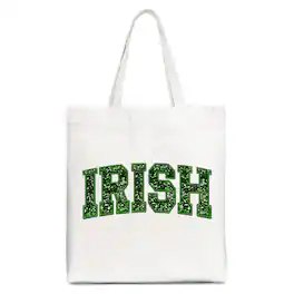 OrnamentallyYou - Irish Sequin Imitation Canvas Tote Bag, Festive St Patricks Day Gift Bag - White