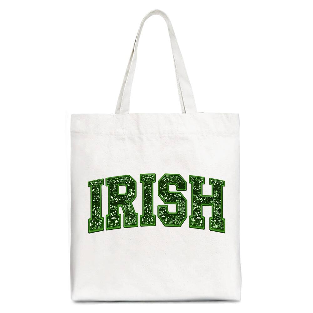 Front. OrnamentallyYou - Irish Sequin Imitation Canvas Tote Bag, Festive St Patricks Day Gift Bag - White.
