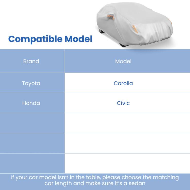 Compatible Model

Brand | Model
--- | ---
Toyota | Corolla
Honda | Civic

If your car model isn't in the table, please choose the matching car length and make sure it's a sedan