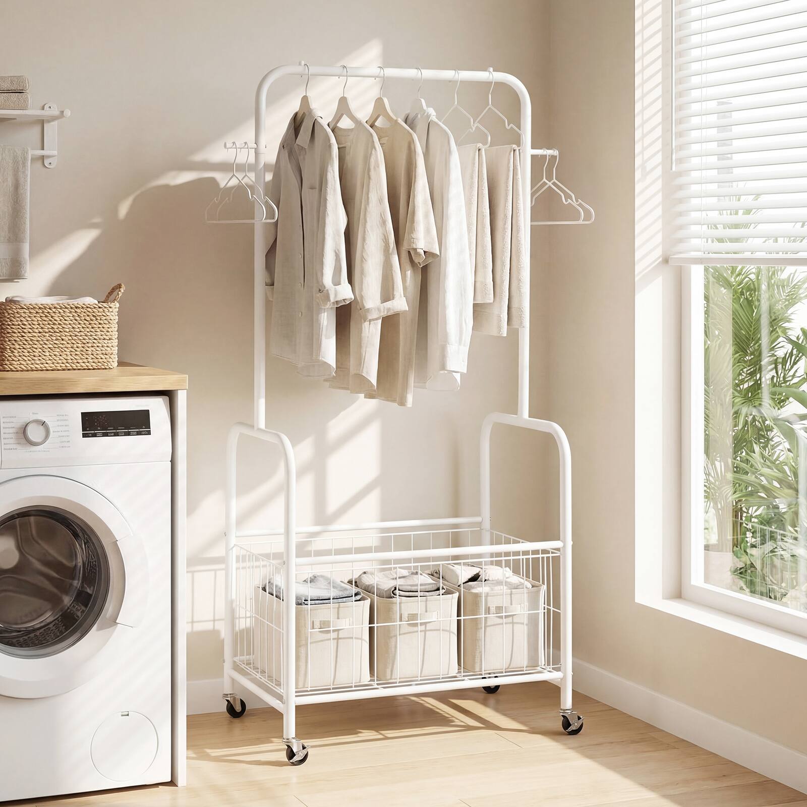 Alt View 4. Gymax - Gymax Rolling Clothes Rack w/Hanging Rod Side Hooks Storage Basket Lockable Wheels White - White.