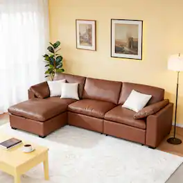 Dyonery - 120" Sectional Couches,Modern Modular Sectional Sofa,with Comfy Deep Seats,Fluffy L-Shape PU Leather Sofa Couch - Brown