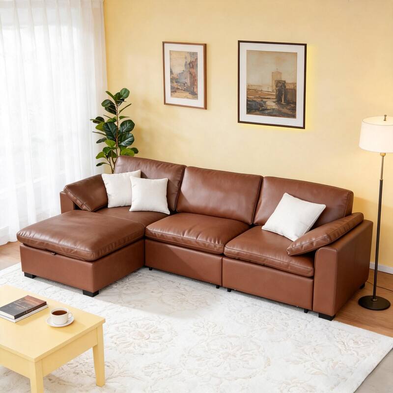 Front. Dyonery - Dyonery 120" Sectional Couches,Modern Modular Sectional Sofa,with Comfy Deep Seats,Fluffy L-Shape PU Leather Sofa Couch - Brown.