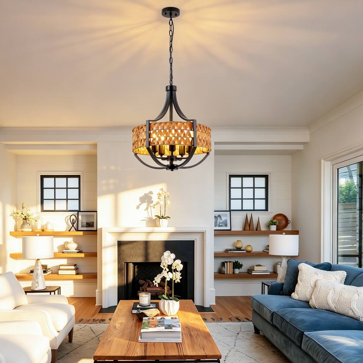 Back. Loheer - Loheer 19.7 inch Rattan Chandelier, Five Light Boho Pendant with Natural Reed Shade and Black Iron Frame.