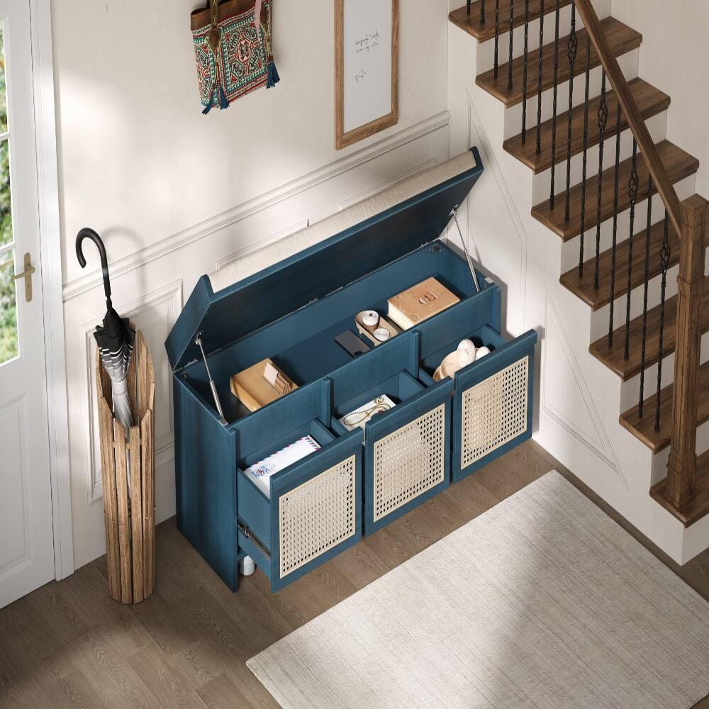 Angle. Ropilly - Ropilly 48 Inch Entryway Shoe Bench with Rattan Drawers, Tufted Cushion and Hidden Storage, Antique Navy - Antique Navy.