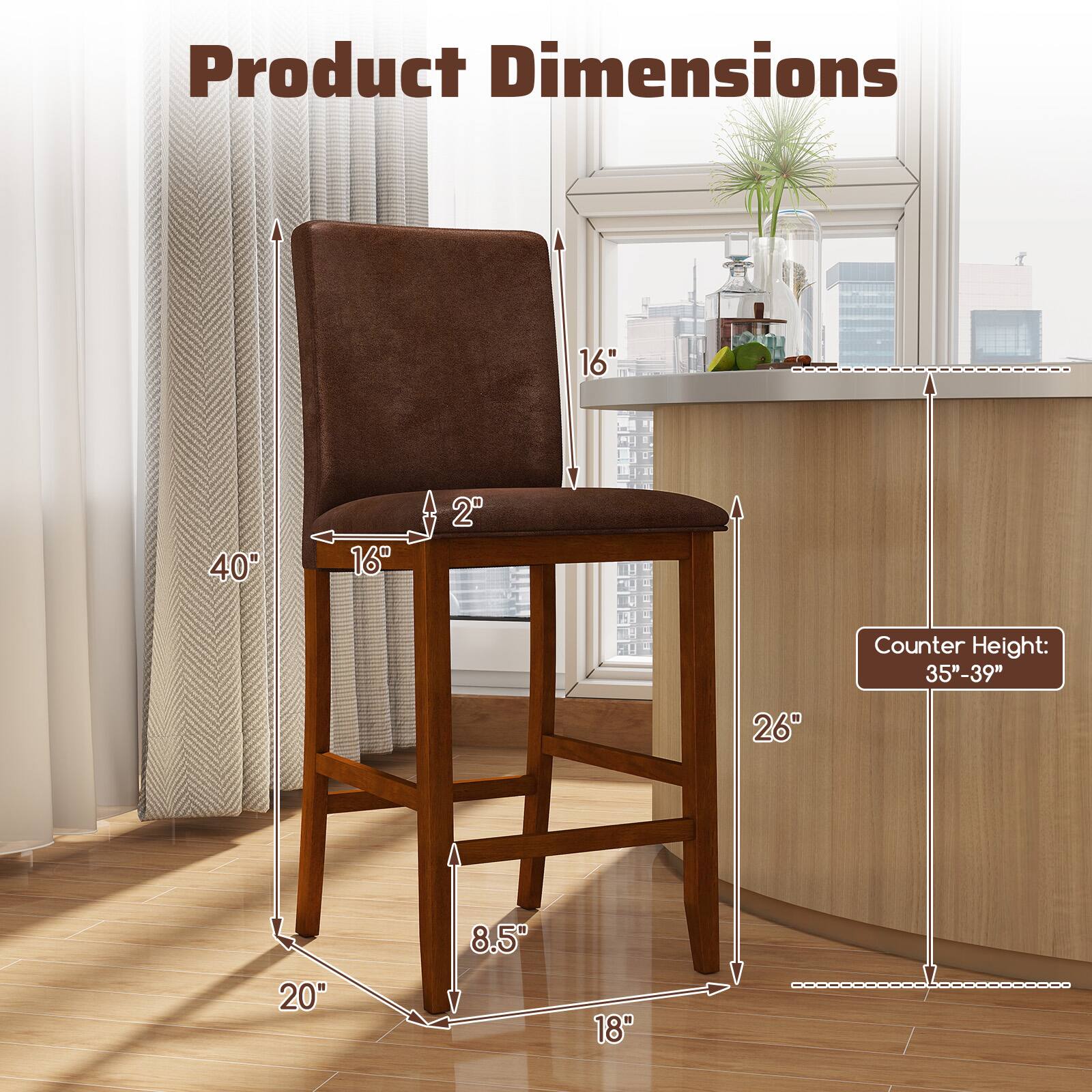 Product Dimensions

- Width: 40"
- Depth: 20"
- Height: 40"
- Seat Height: 26"
- Seat Depth: 16"
- Back Height: 16"
- Armrest Height: 2"
- Base Width: 18"
- Base Depth: 8.5"

Counter Height: 35"-39"