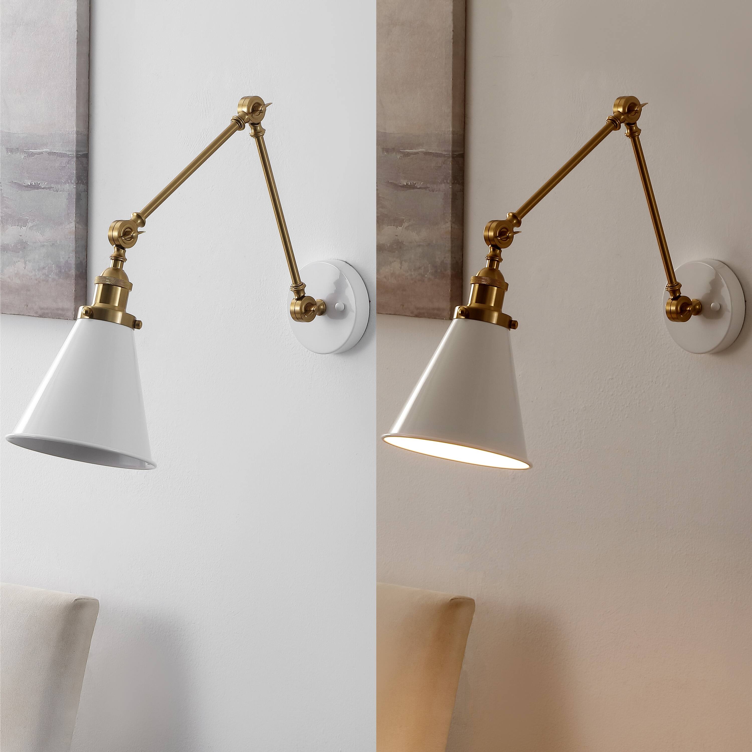 Alt View 4. Jonathan Y - Rover 7" Classic Industrial Metal Adjustable Arm LED Wall Sconce, White/Brass Gold - White/Brass Gold.