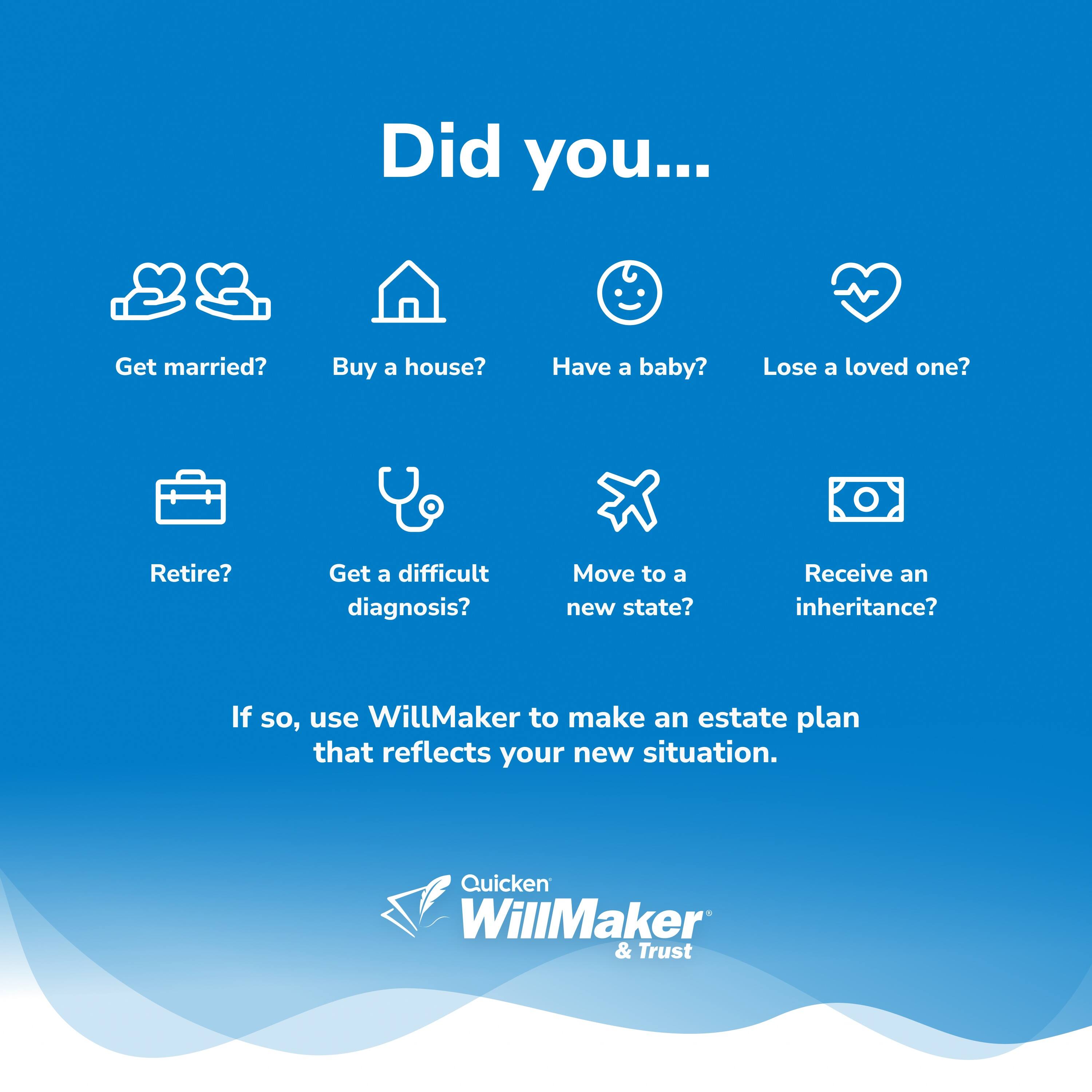 Did you...
- Get married?
- Buy a house?
- Have a baby?
- Lose a loved one?
- Retire?
- Get a difficult diagnosis?
- Move to a new state?
- Receive an inheritance?
If so, use WillMaker to make an estate plan that reflects your new situation.
Quicken WillMaker & Trust