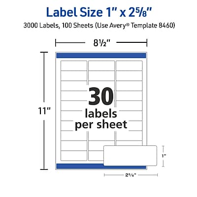 Label Size: 1" x 2 5/8"

3000 Labels, 100 Sheets (Use Avery® Template 8460)

8 1/2" x 11"

30 labels per sheet

1" x 2 5/8"