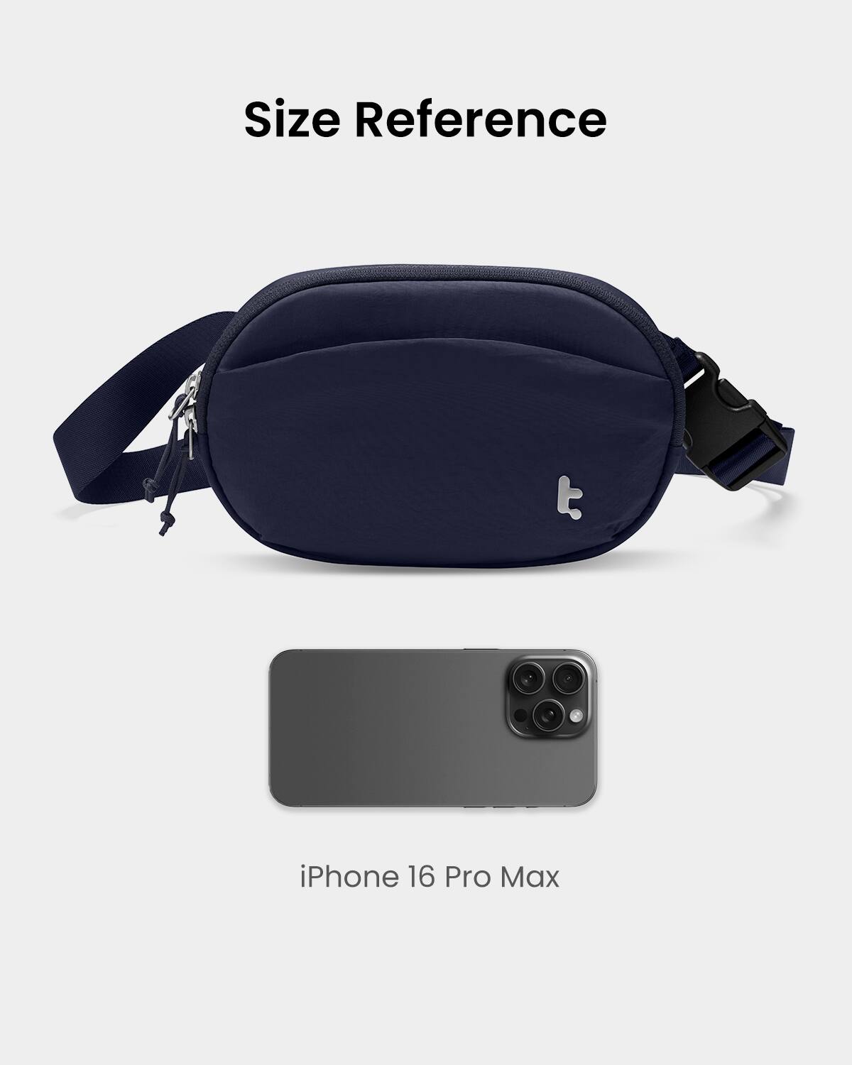The image features a blue bag and an iPhone 16 Pro Max. The bag is described as a "blue bag" and is placed next to the iPhone. The iPhone is described as an "iPhone 16 Pro Max" and is placed next to the bag. The image is likely meant to show the size of the bag in relation to the iPhone.