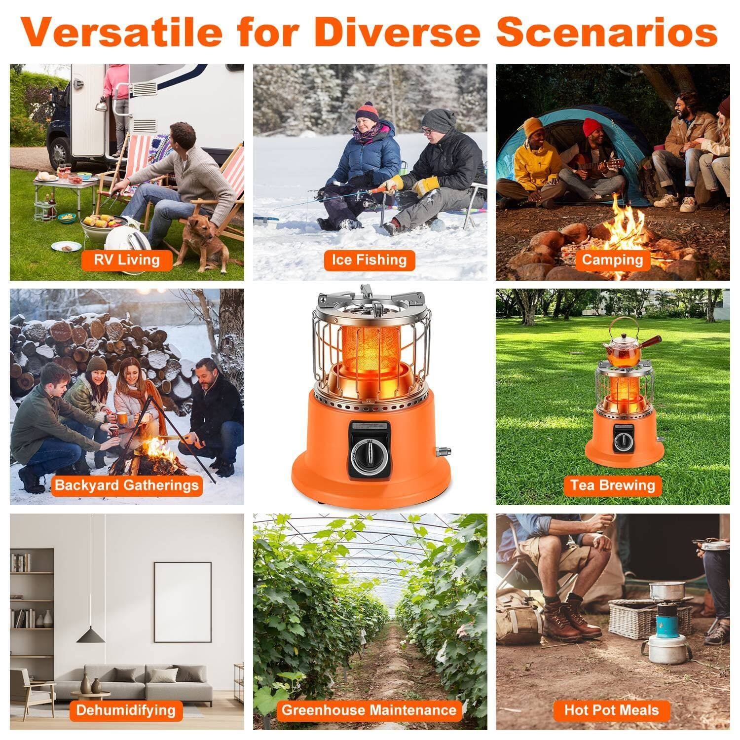 Versatile for Diverse Scenarios

- RV Living
- Ice Fishing
- Camping
- Backyard Gatherings
- Tea Brewing
- Dehumidifying
- Greenhouse Maintenance
- Hot Pot Meals
