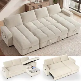 Dyonery - 105" Sleeper Sofa with Storage, Convertible Small Pull Out Couch with Storage Chaise,U-Shaped Sectional Sofa Bed - Beige