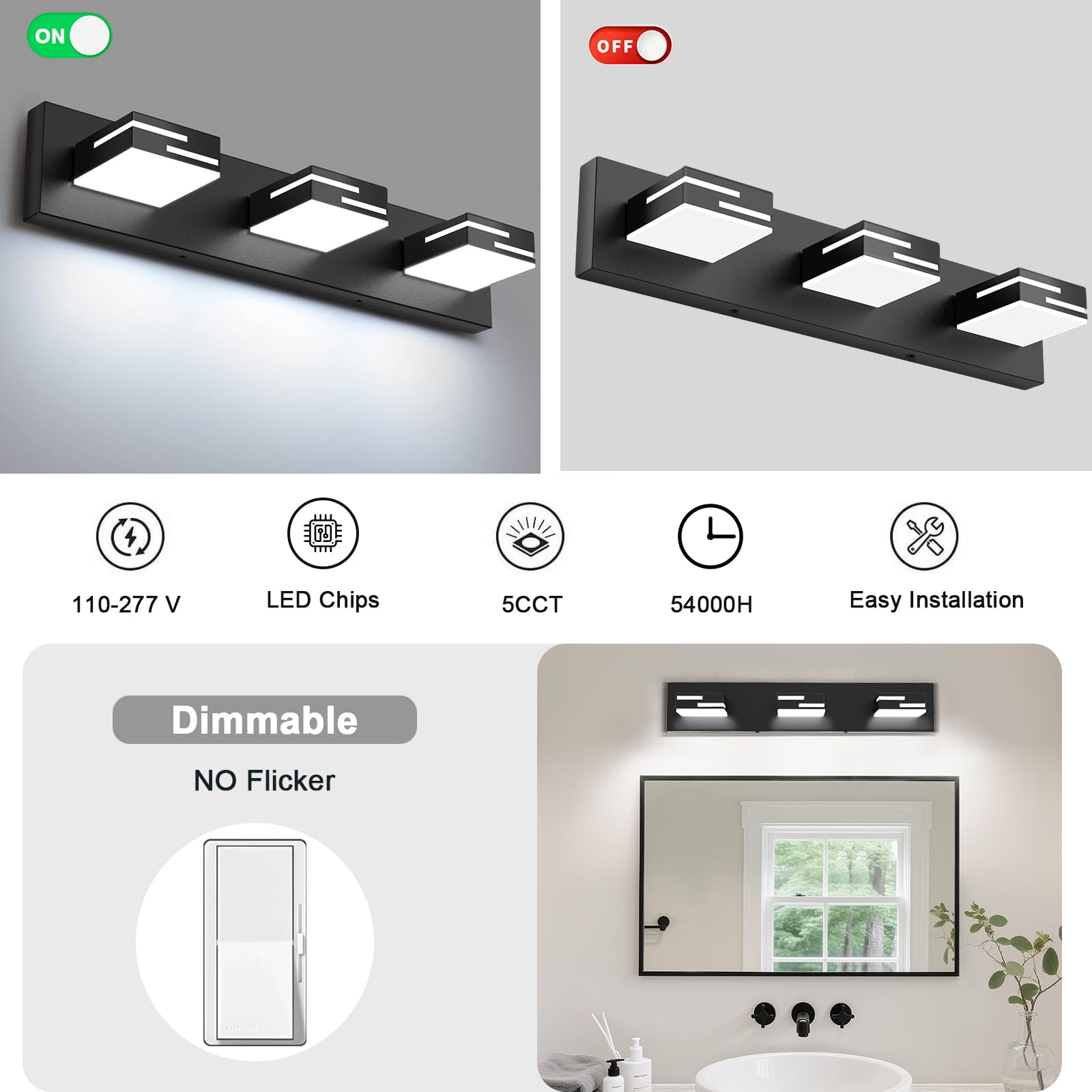 - ON
- OFF
- 110-277 V
- LED Chips
- 5CCT
- 54000H
- Easy Installation
- Dimmable
- NO Flicker