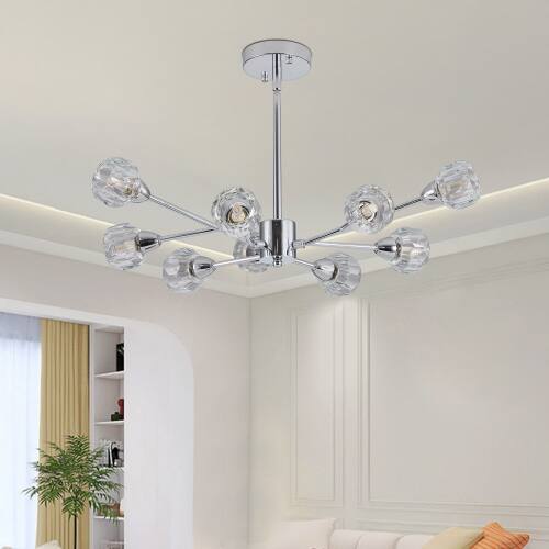Alt View 2. LUCKY ONE - 28in Hanging Crystal Chandelier, 9-Light Modern Pendant for Dining Room Over Table Kitchen Island - Chrome.