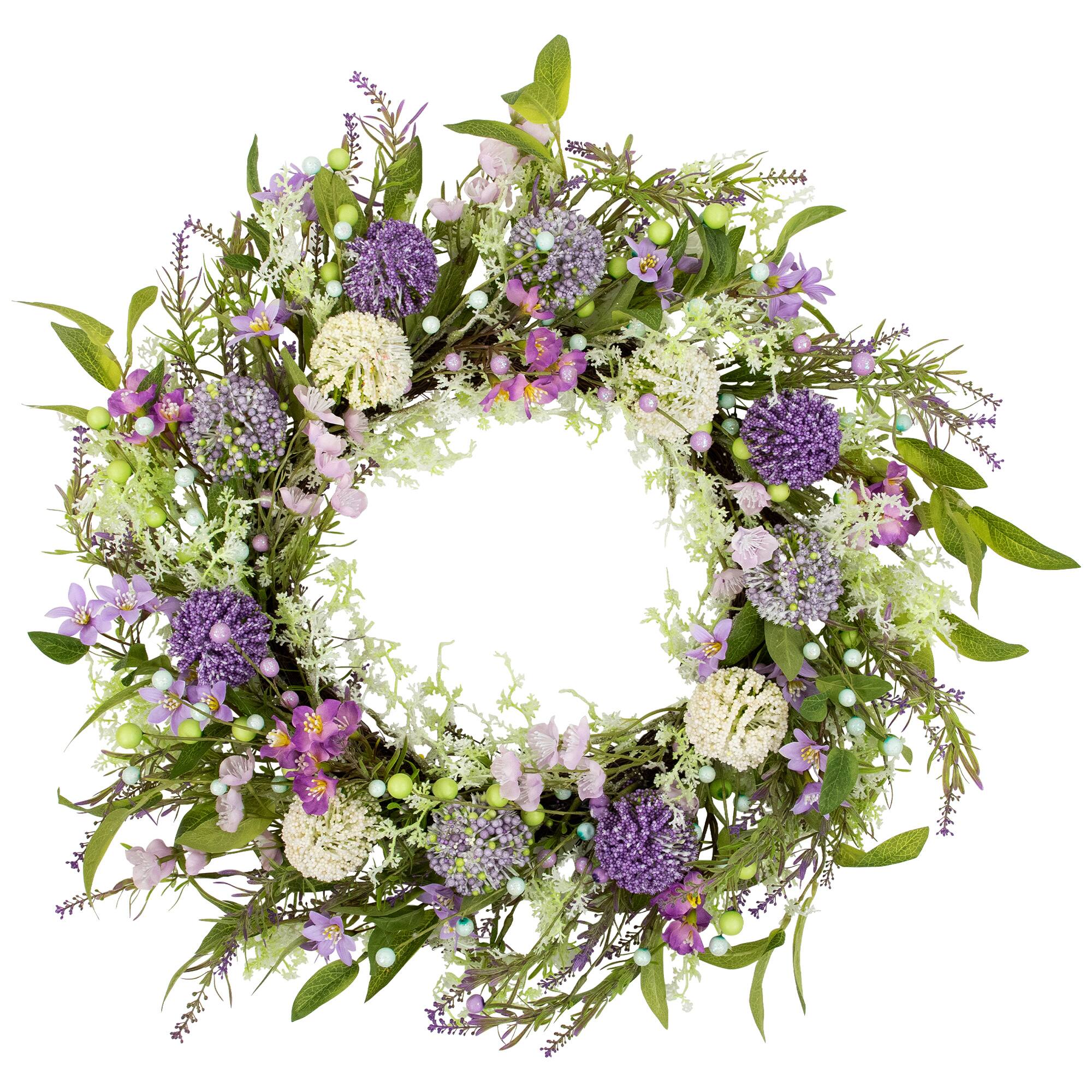 Front. Northlight - Lavender and Allium Spring Wreath - 28" - Purple - Purple.