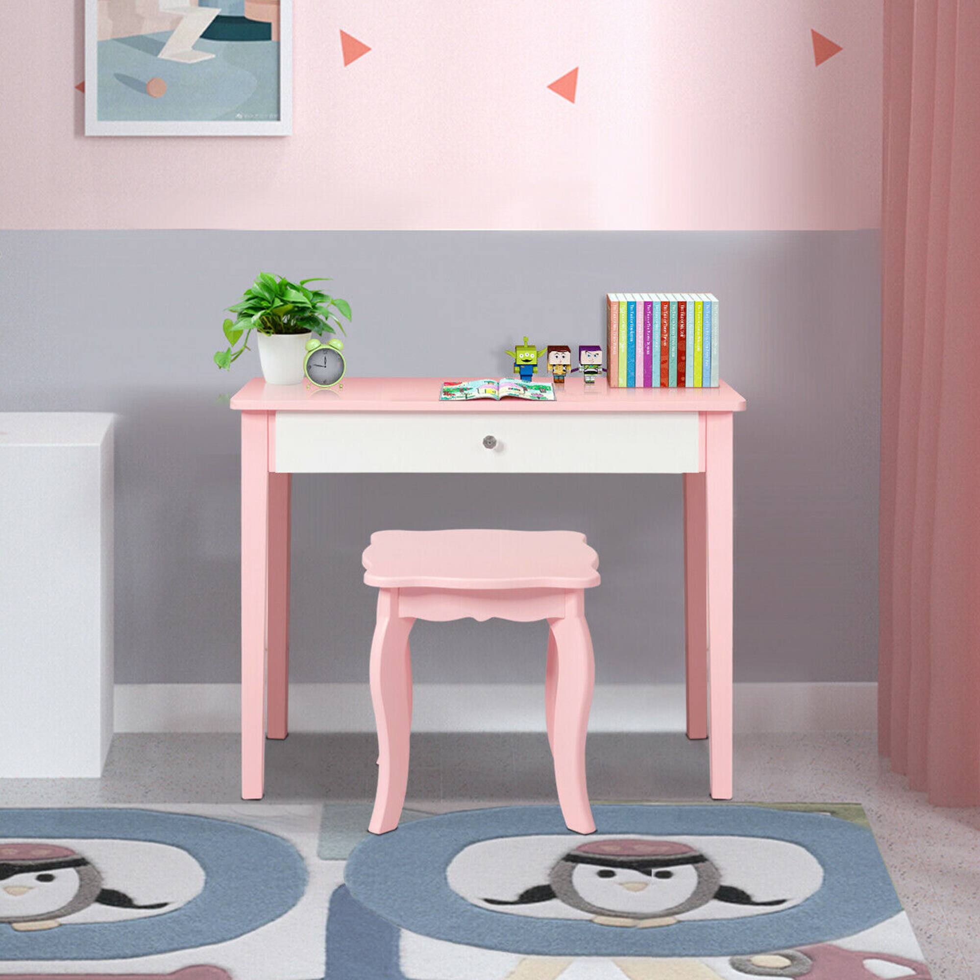 Alt View 4. Gymax - Gymax Kids Vanity Princess Make Up Dressing Table W/ Tri-folding Mirror & Chair Pink - Pink.